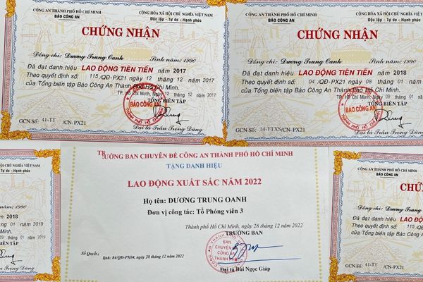 báo công an thành phố tặng giấy khen lao động xuất sắc cho dương trung oanh