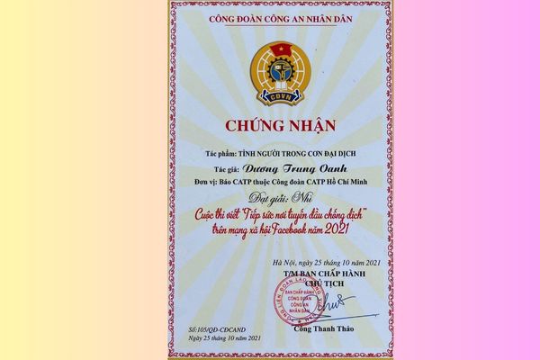 dương trung oanh đạt giải nhì cuộc thi viết tiếp sức nơi tuyến đầu chống dịch covid-19 do công đoàn công an nhân dân tổ chức