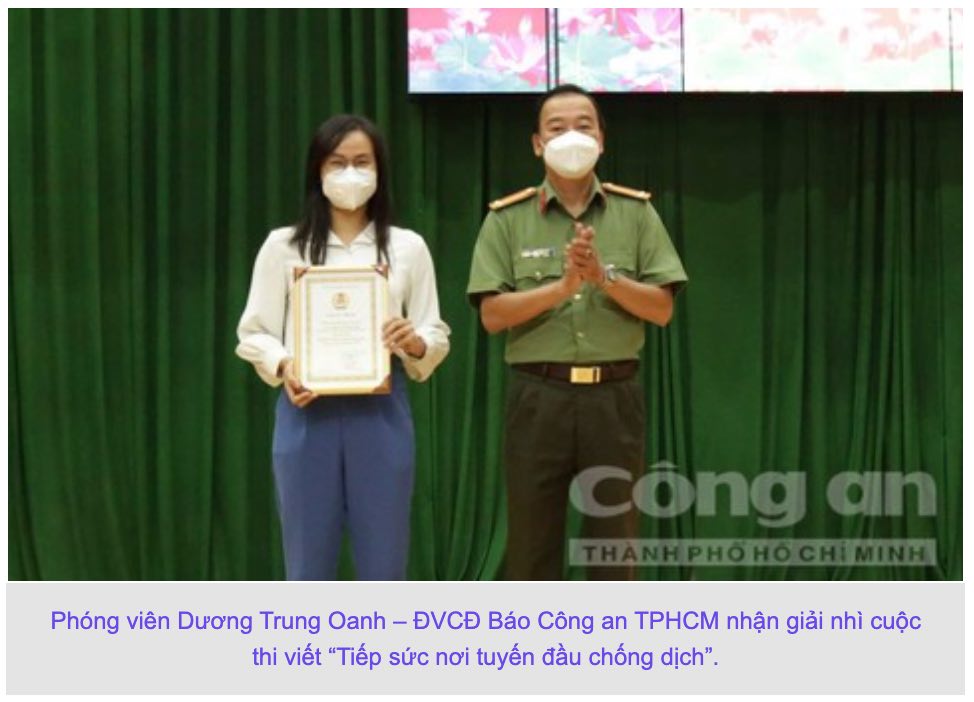 Phóng viên Dương Trung Oanh đạt giải Nhì cuộc thi viết Tiếp sức nơi tuyến đầu chống dịch do Công đoàn Công an nhân dân tổ chức